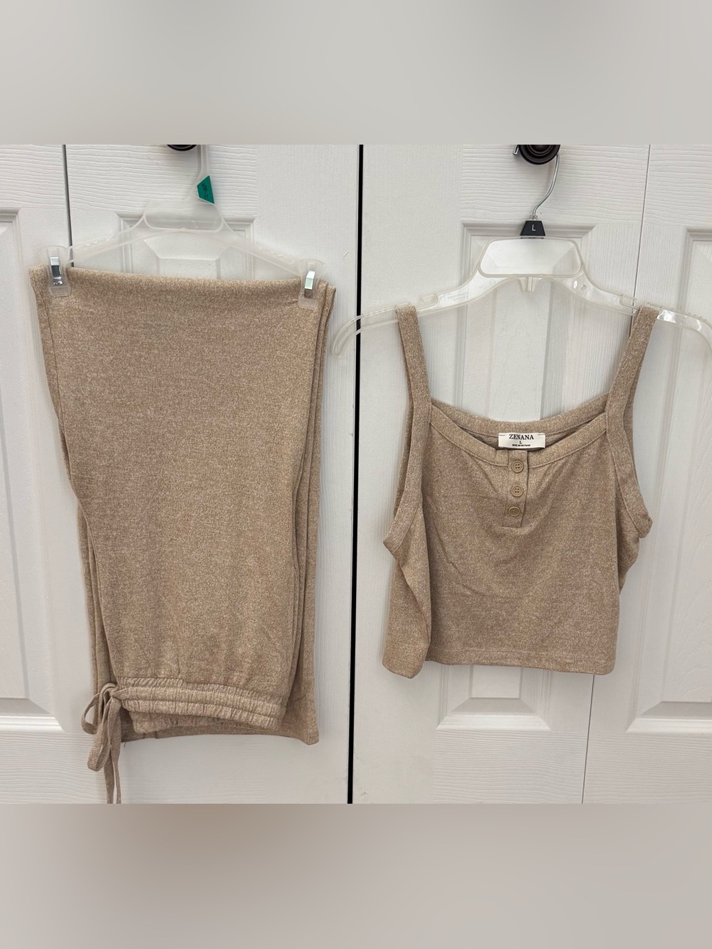 Zenana Set Tank Top & Drawstring Pants 2 Pcs Cream Large Brand New Super Soft!